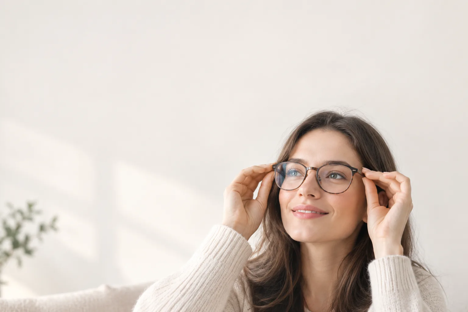 Persona sonriendo al probarse unos lentes