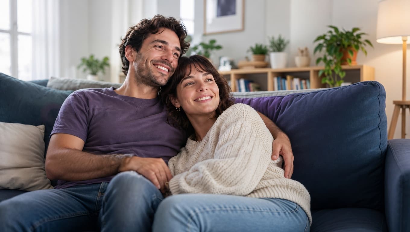 Pareja sonriendo en el living
